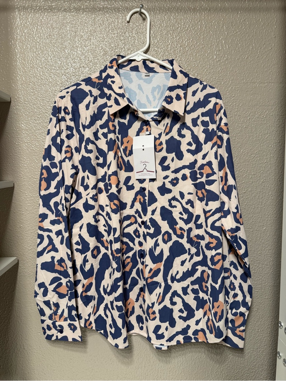 Women's Navy and Blush Animal Print Button-Up Blouse